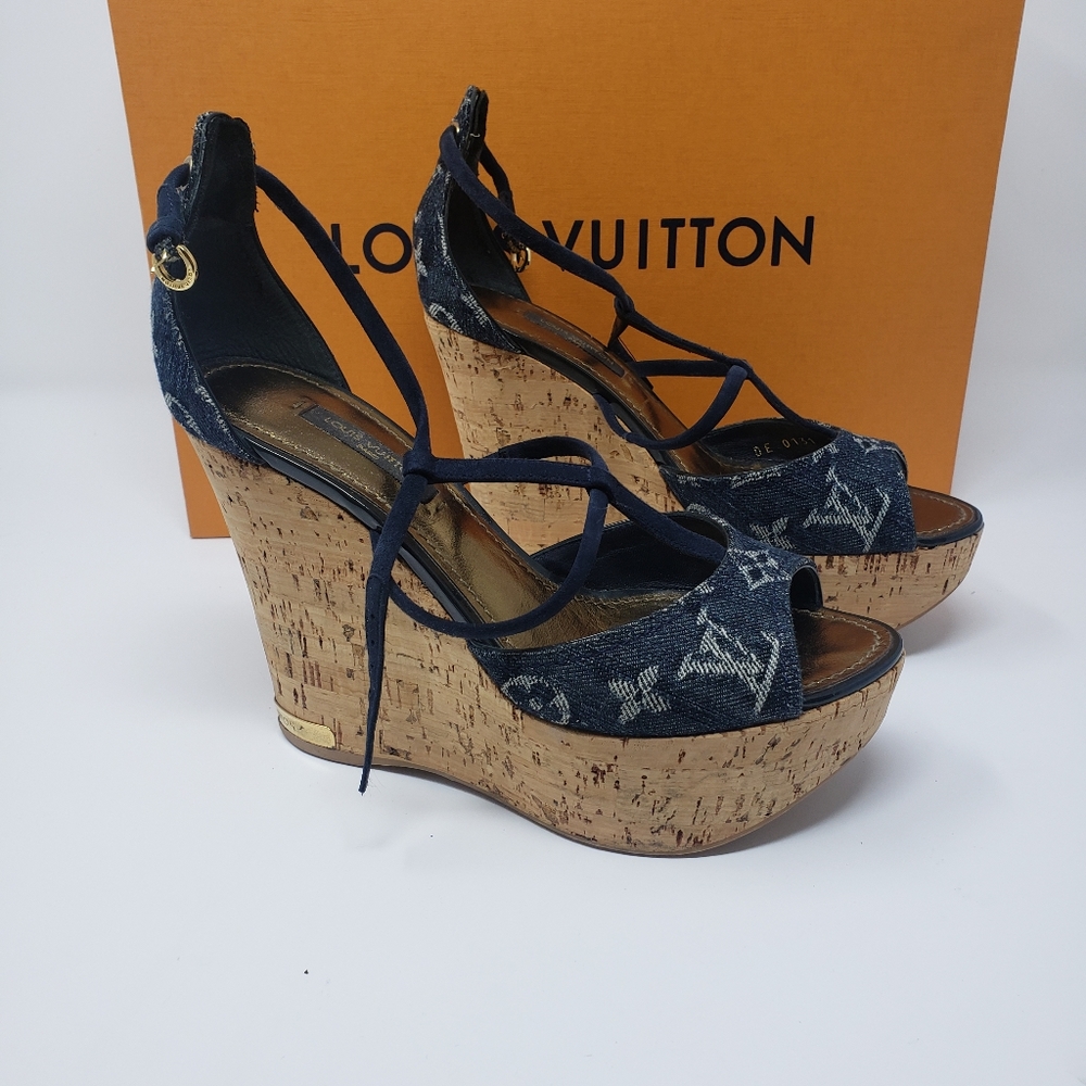 LOUIS VUITTON Monogram Denim Wedge Sandals, Size 35.5